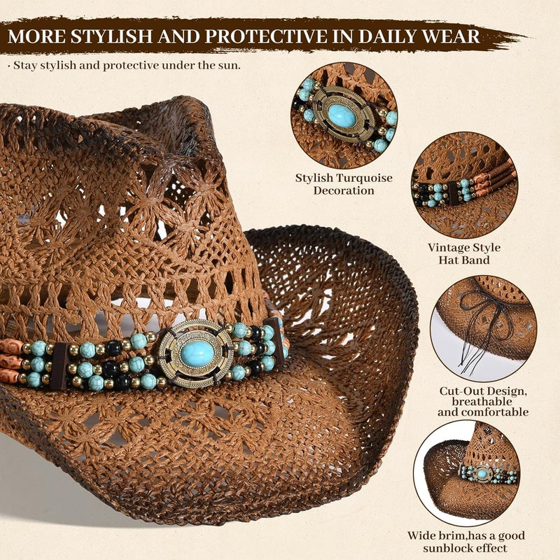 Willheoy Straw Cowboy Hat for Men Womens Straw Cowgirl Hat Summer Western Cowboy Hats with Wide Brim for Cowgirls and Cowboys - Image 2